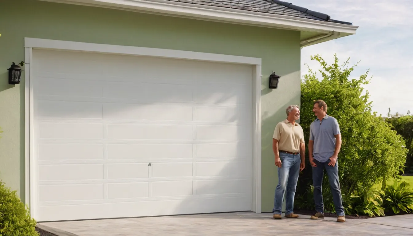 Friendly provider and homeowner reviewing a new garage door installation outside a home in Kissimmee