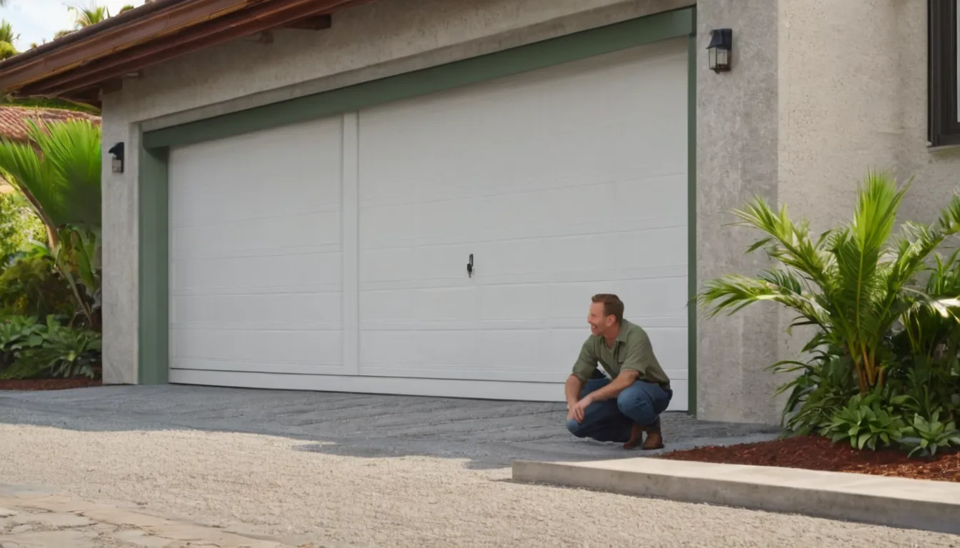 A garage door provider checking torsion springs above a home garage door in Kissimmee